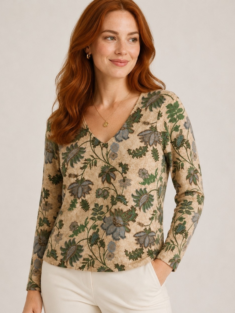Charter Club Beige V-Neck Sweater with Green Floral Print